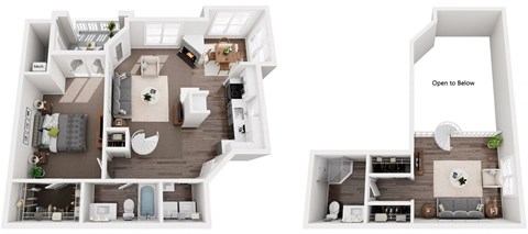 3D floor plan of a one bedroom two bathroom townhouse at Cambridge Apartments in Raleigh, NC